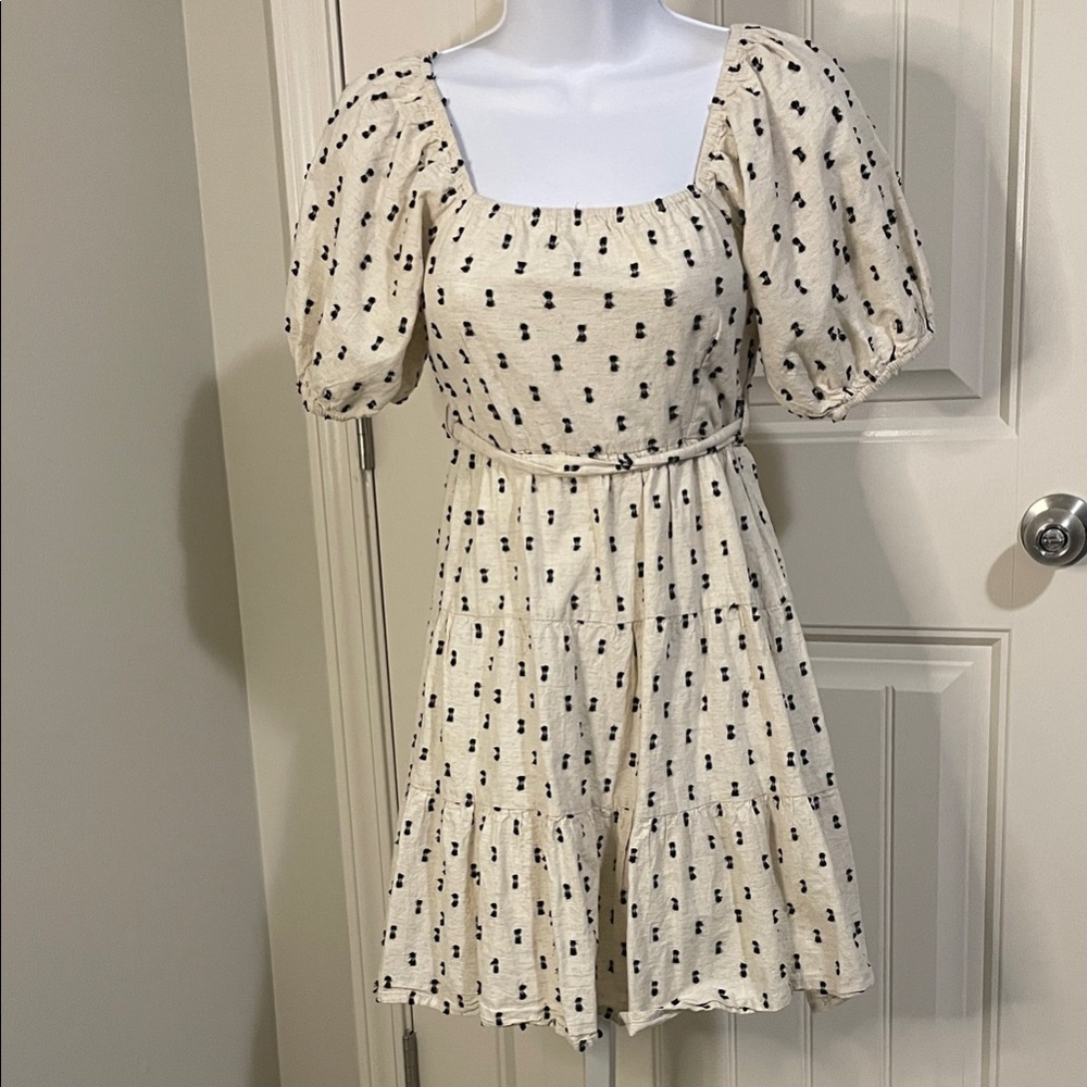 Square Neck Puff Sleeve Mini Dress in Cream with Black Dot